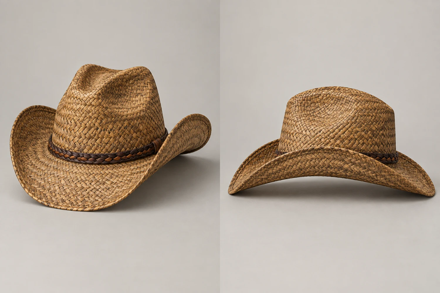 Dark Wheat Harvest Creek Straw Cowboy Hat, front and side views