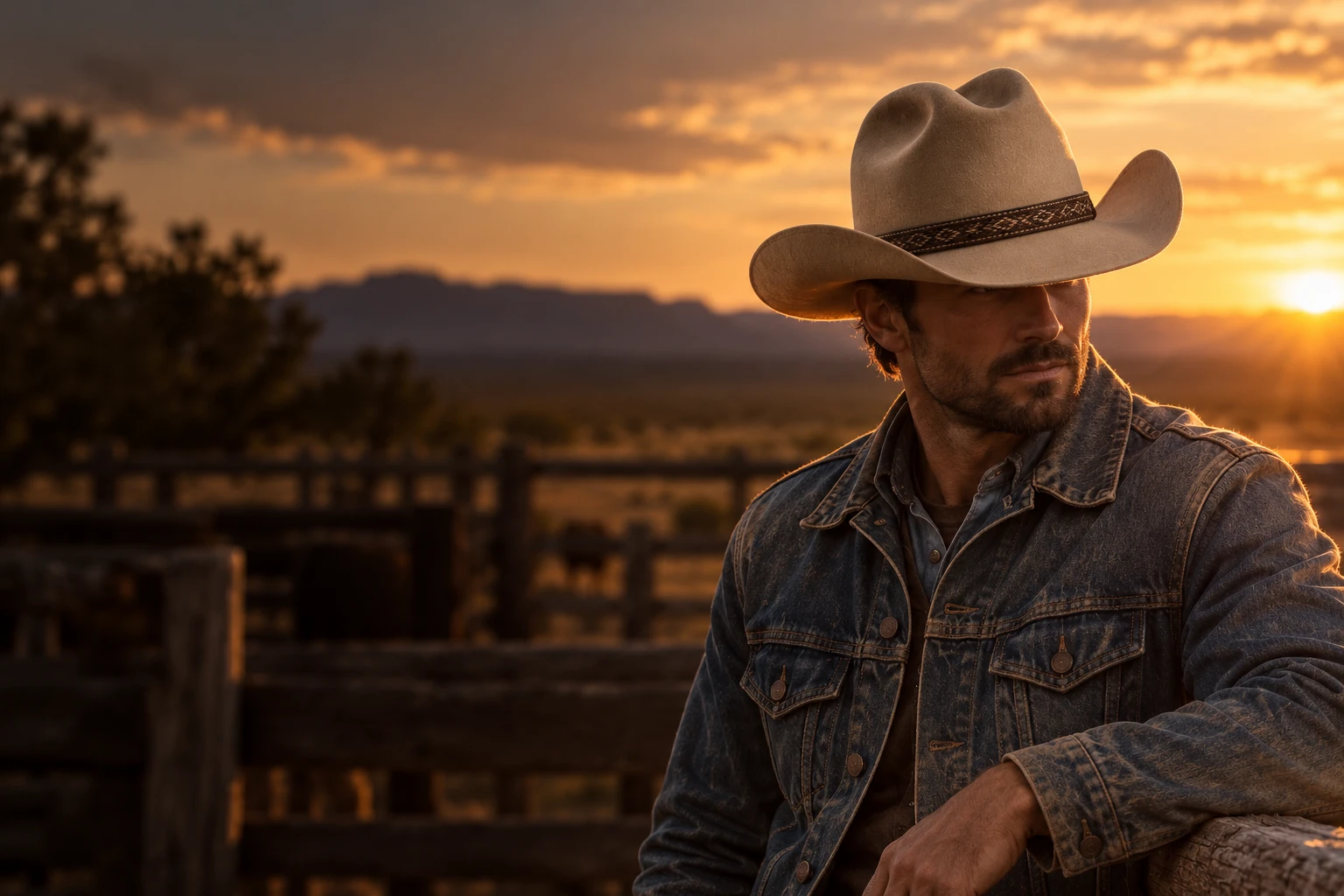 Cowboy wearing the sand High Plains hat at a ranch in evening light