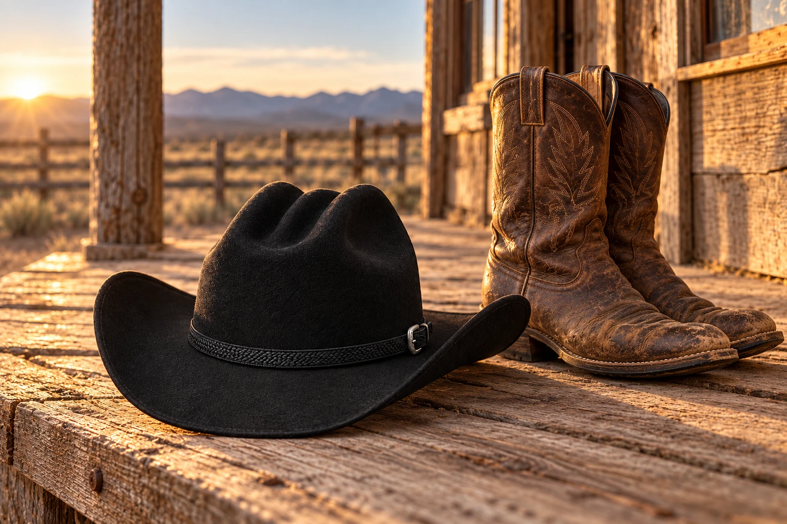 Black Mesa cowboy hat on a rustic wooden porch beside boots